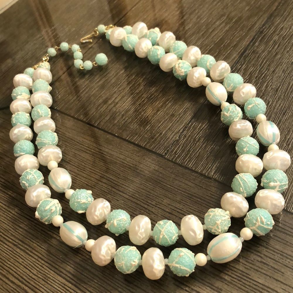 Vintage 1950’s Two Strand Splatter & Striped Satin Bead Necklace